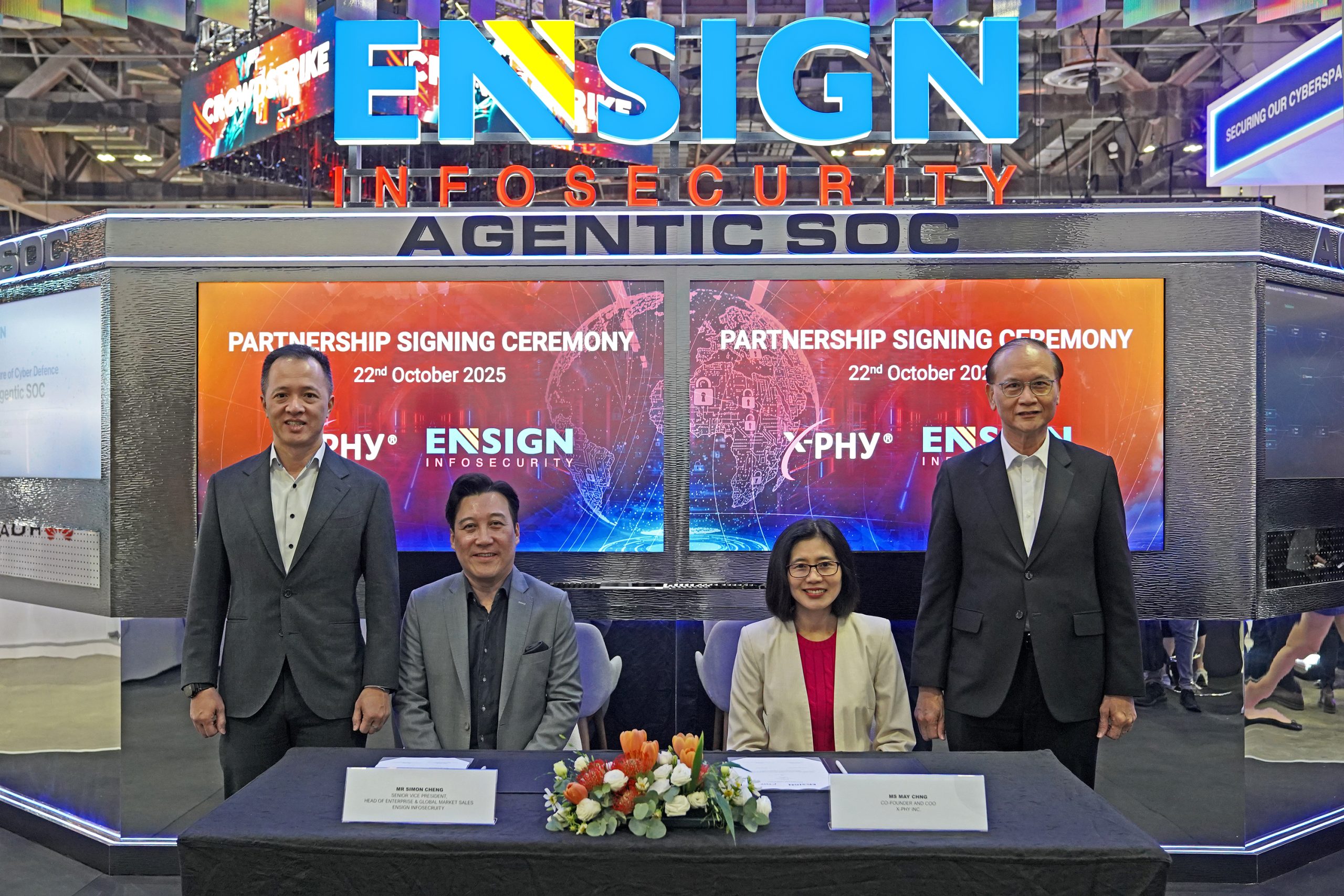 The official signing ceremony took place today at GovWare 2025 (From L-R: Mr Lim Minhan, Executive Vice President and Head of Consulting at Ensign InfoSecurity, Mr Simon Cheong, Senior Vice President and Head of Sales for International Business & Commercial at Ensign InfoSecurity, Ms May Chng, Co-Founder and Chief Operating Officer of X-PHY Inc, Mr Ted Tan, Board Advisor of the Flexxon Group)